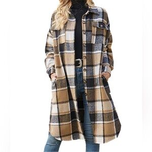 Collared Button Down Plaid Long Shacket | Brown Flannel Trench | Size M